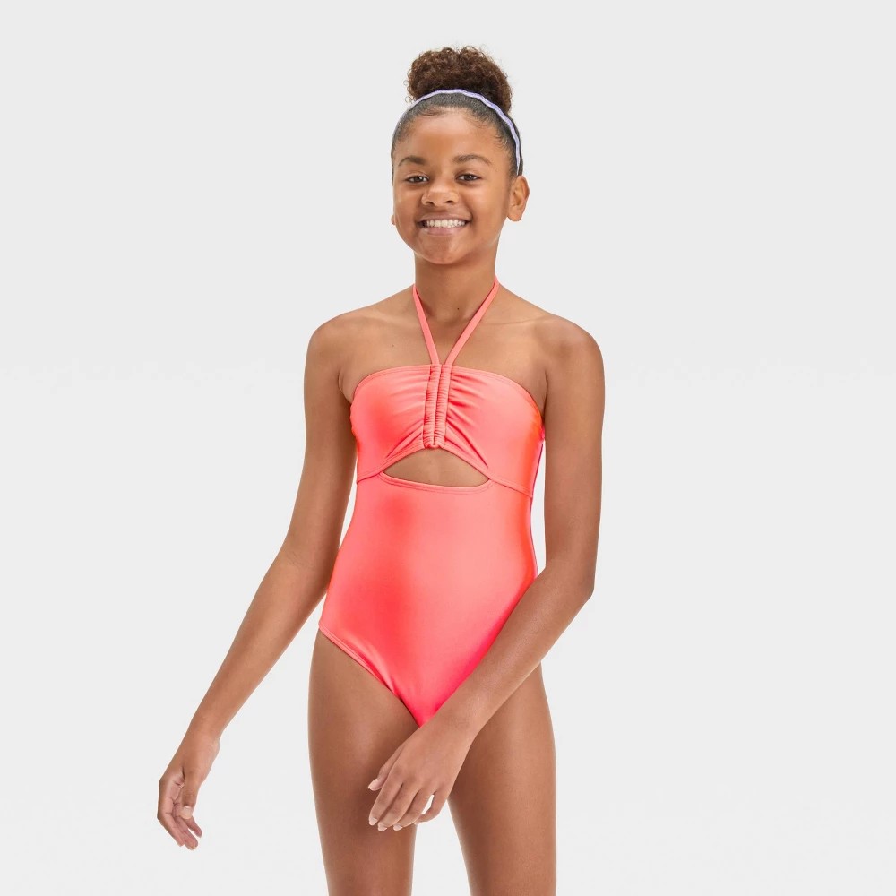 STR | Girls' Shining Bright Solid One Piece Swimsuit - art class™ Orange L: Nylon Spandex Blend, Halter Neck, UPF 50+ Protection