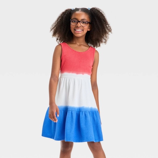 STR | Girls' Sleeveless 4th of July Tie-Dye Terry Dress - Cat & Jack™ Red/White/Blue XS: A-Line, Side Pocket