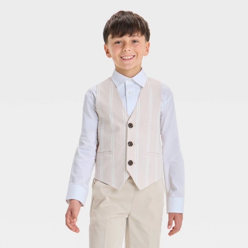 STR | Boys' Striped Suit Vest - Cat & Jack™ Beige 5: Cotton Spandex Blend, V Neck, Front Pocket