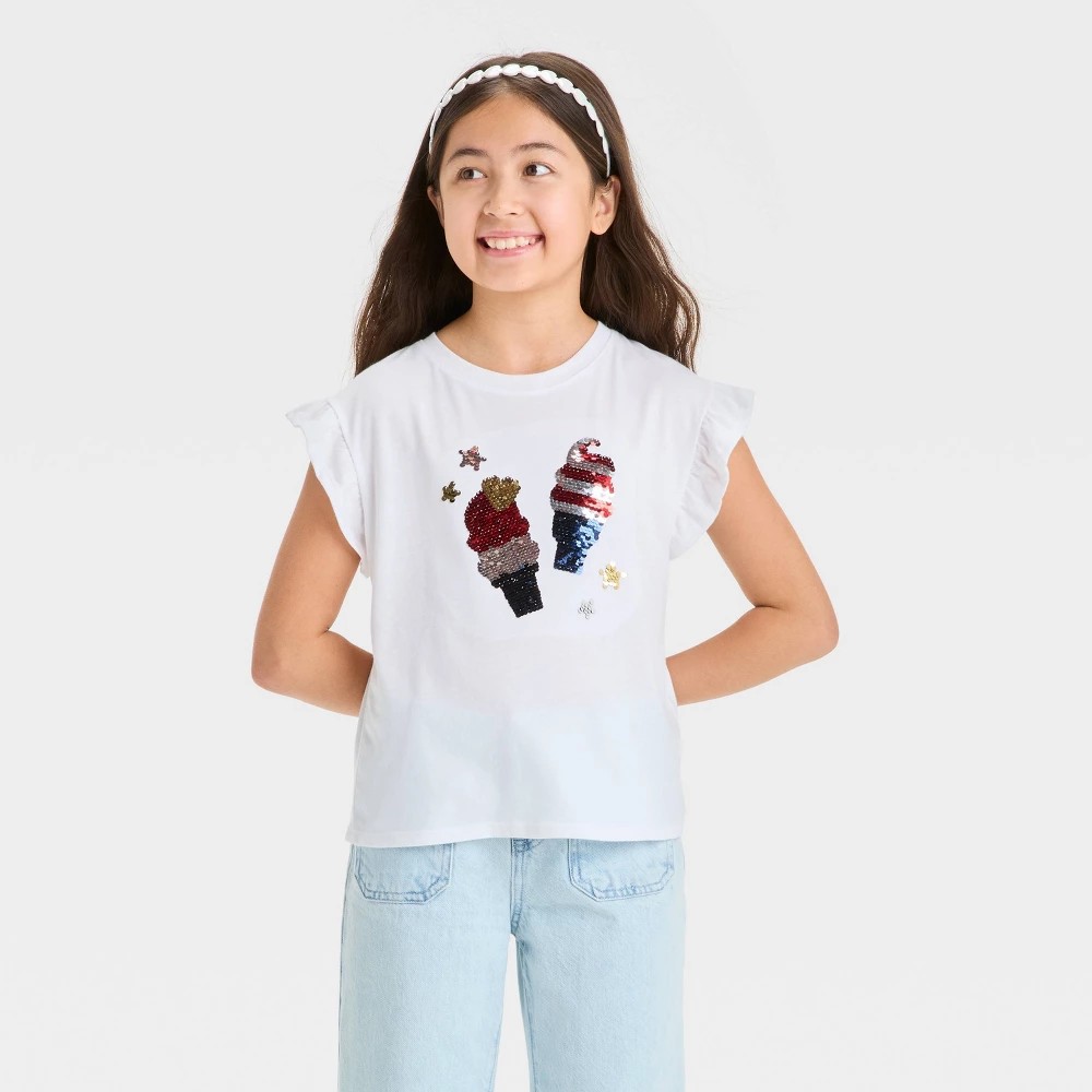 STR | Girls' Short Sleeve 4th of July 'Ice Cream' Flip Sequin T-Shirt - Cat & Jack™ White XS: Ruffle Crew Neck, Loose Fit