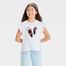STR | Girls' Short Sleeve 4th of July 'Ice Cream' Flip Sequin T-Shirt - Cat & Jack™ White XS: Ruffle Crew Neck, Loose Fit
