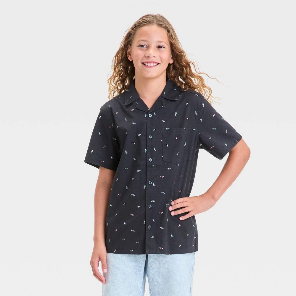 STR | Boys' Short Sleeve Woven Button-Down Shirt - art class™ Black S: Cotton, Front Pocket, Camp Collar