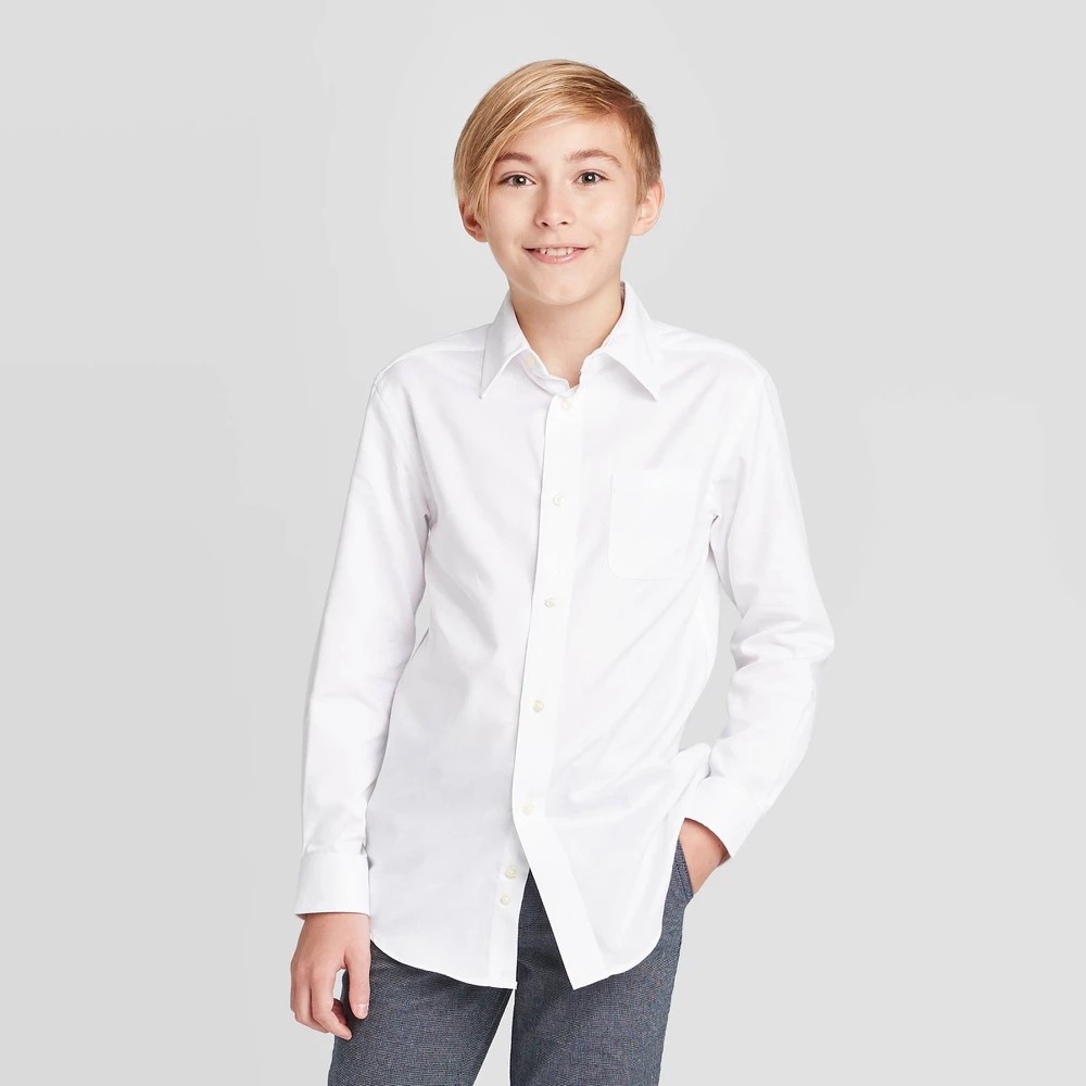 STR | Boys' Long Sleeve Woven Button-Down Shirt - Cat & Jack™ White XL: Classic Herringbone Pattern