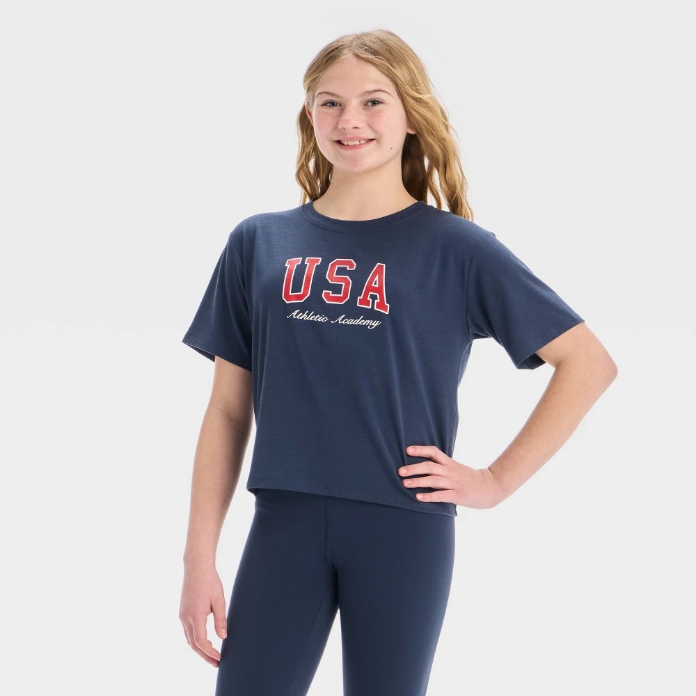 STR | Girls' Short Sleeve 'USA' Graphic Boxy T-Shirt - All In Motion™ Navy Blue XL