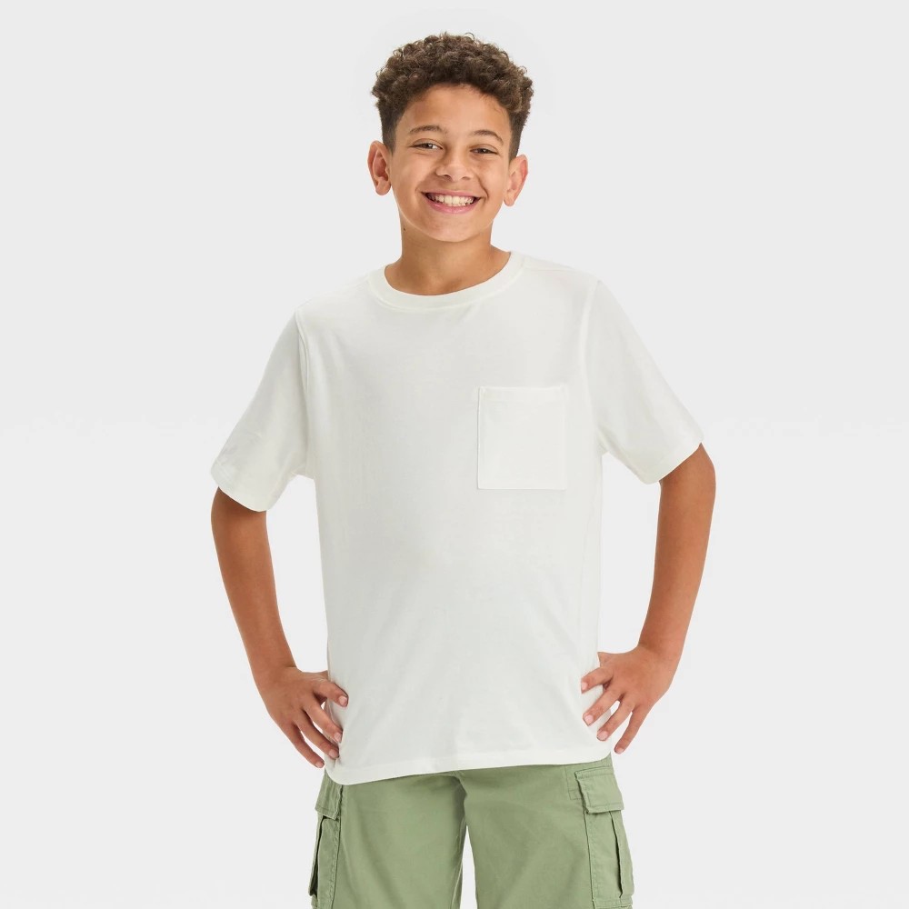 STR | Boys' Short Sleeve Knit T-Shirt - art class™ White L: Crew Neck, Front Pocket