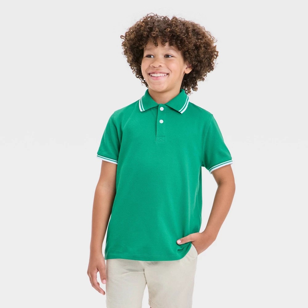 STR | Boys' Short Sleeve Tipping Polo Shirt - Cat & Jack™ Green M: Cotton Blend, Pullover, Ribbed Cuff, Machine Washable
