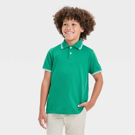 STR | Boys' Short Sleeve Tipping Polo Shirt - Cat & Jack™ Green M: Cotton Blend, Pullover, Ribbed Cuff, Machine Washable
