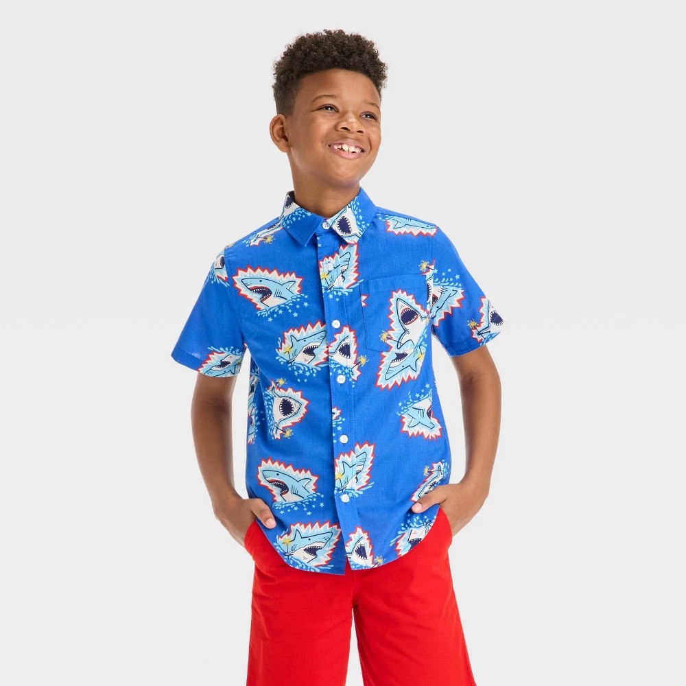 STR | Boys' Short Sleeve 4th of July Shark Print Button-Down Shirt - Cat & Jack™ Blue M: Cotton,