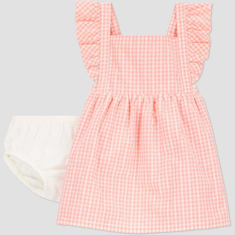 STR | Carter's Just One You®️ Baby Girls' Gingham Dress - Peach 6M: Sleeveless A-Line, Squareneck, Open Back, Machine Washable