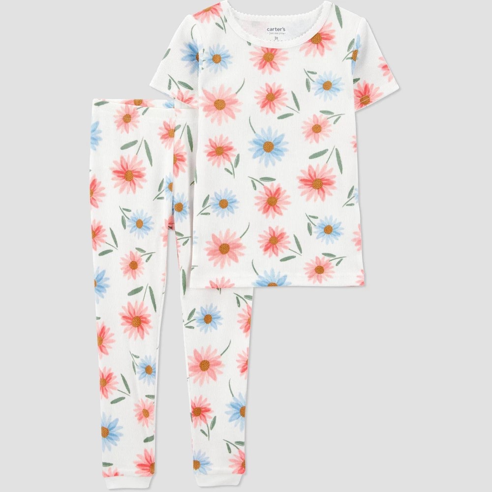 STR | Carter's Just One You®️ Toddler Girls' 2pc Short Sleeve Floral Snug Fit Pajama Set - Ivory 2T: Cotton Crew Neck Pullover