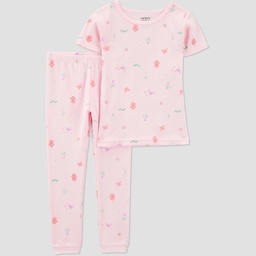 STR | Carter's Just One You®️ Toddler Girls' 2pc Short Sleeve Birds Snug Fit Pajama Set - Pink 4T: 100% Cotton, Crew Neck, Elastic Waistband