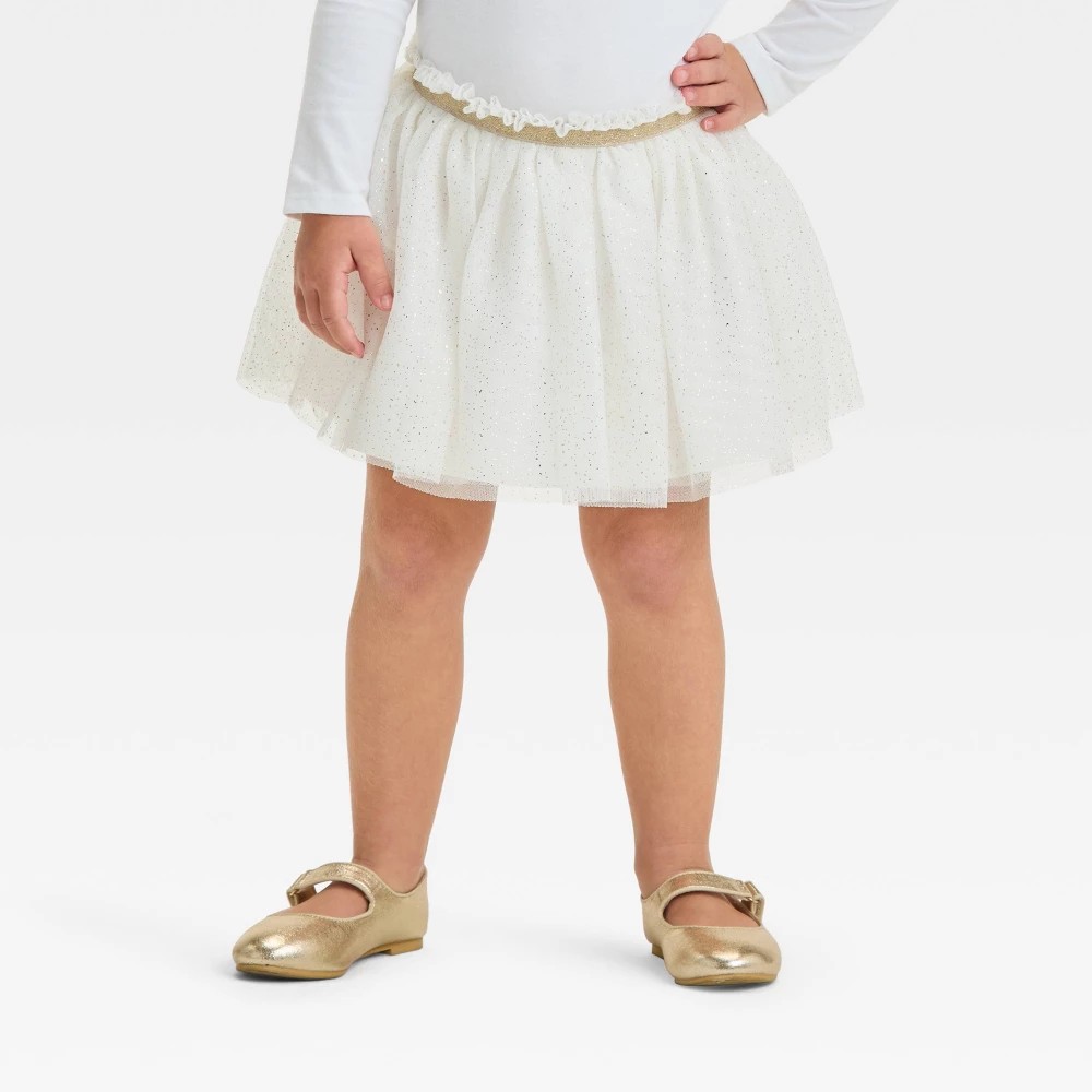 STR | Toddler Girls' Glitter Tutu Skirt - Cat & Jack™ Cream 3T: Adjustable Waistband, Mesh, Shapes Pattern