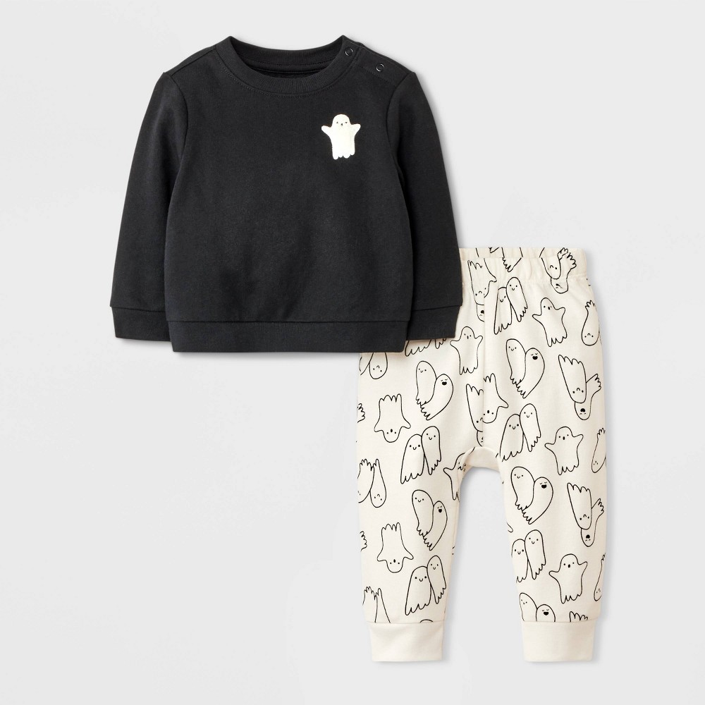 KID | Baby 2pc Halloween Ghost Friends French Terry Sweatshirt & Jogger Pants Set - Cat & Jack™ Black 12M