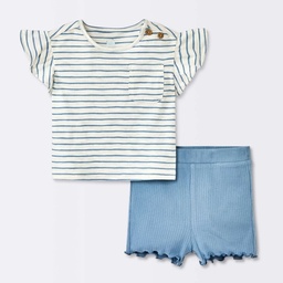 KID | Baby Girls' 2pc Striped Pocket T-Shirt & Bike Shorts Set - Cloud Island™ Blue Newborn