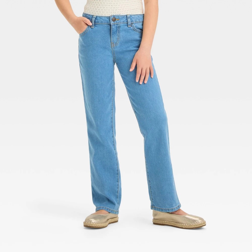 STR | Girls' Mid-Rise Denim Straight Jeans - Cat & Jack™ Medium Wash 10: Adjustable Waistband, Stretch Fabric