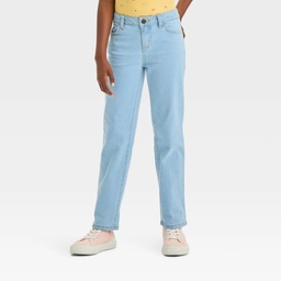 STR | Girls' Mid-Rise Denim Straight Jeans - Cat & Jack™ Light Wash 12 Slim: Adjustable Waistband, Stretch Fabric