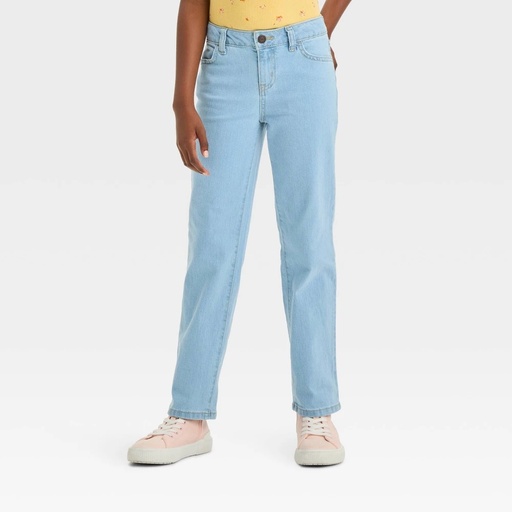STR | Girls' Mid-Rise Denim Straight Jeans - Cat & Jack™ Light Wash 12 Slim: Adjustable Waistband, Stretch Fabric