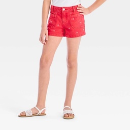 STR | Girls' Mid-Rise Star Embroidered Denim Shorts - Cat & Jack™ Red XS: Adjustable Waistband, Twill Fabric