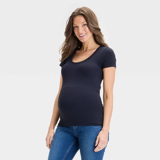 STR | Short Sleeve Ribbed Seamless Maternity T-Shirt - Isabel Maternity by Ingrid & Isabel™ Black XS: Lightweight Crew Neck Pullover
