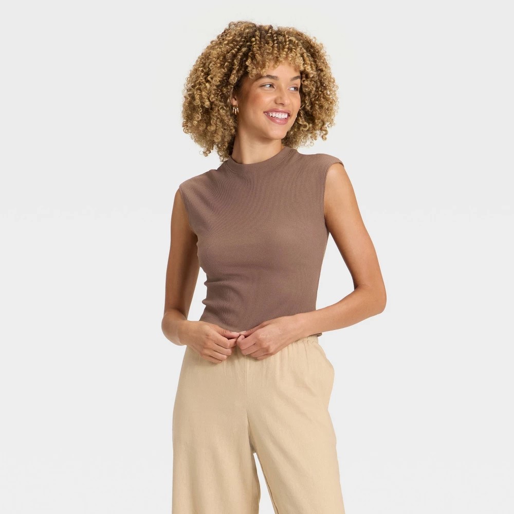 STR | Women's Cap Sleeve Brushed Ribbed Muscle T-Shirt - A New Day™ Brown L