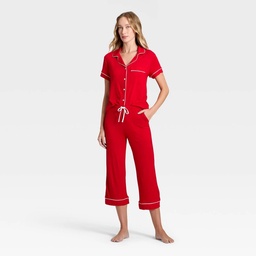 STR | Women's Cloud Knit Modal Notch Collar Short Sleeve Top and Capri Pants Pajama Set - Auden™ Red M