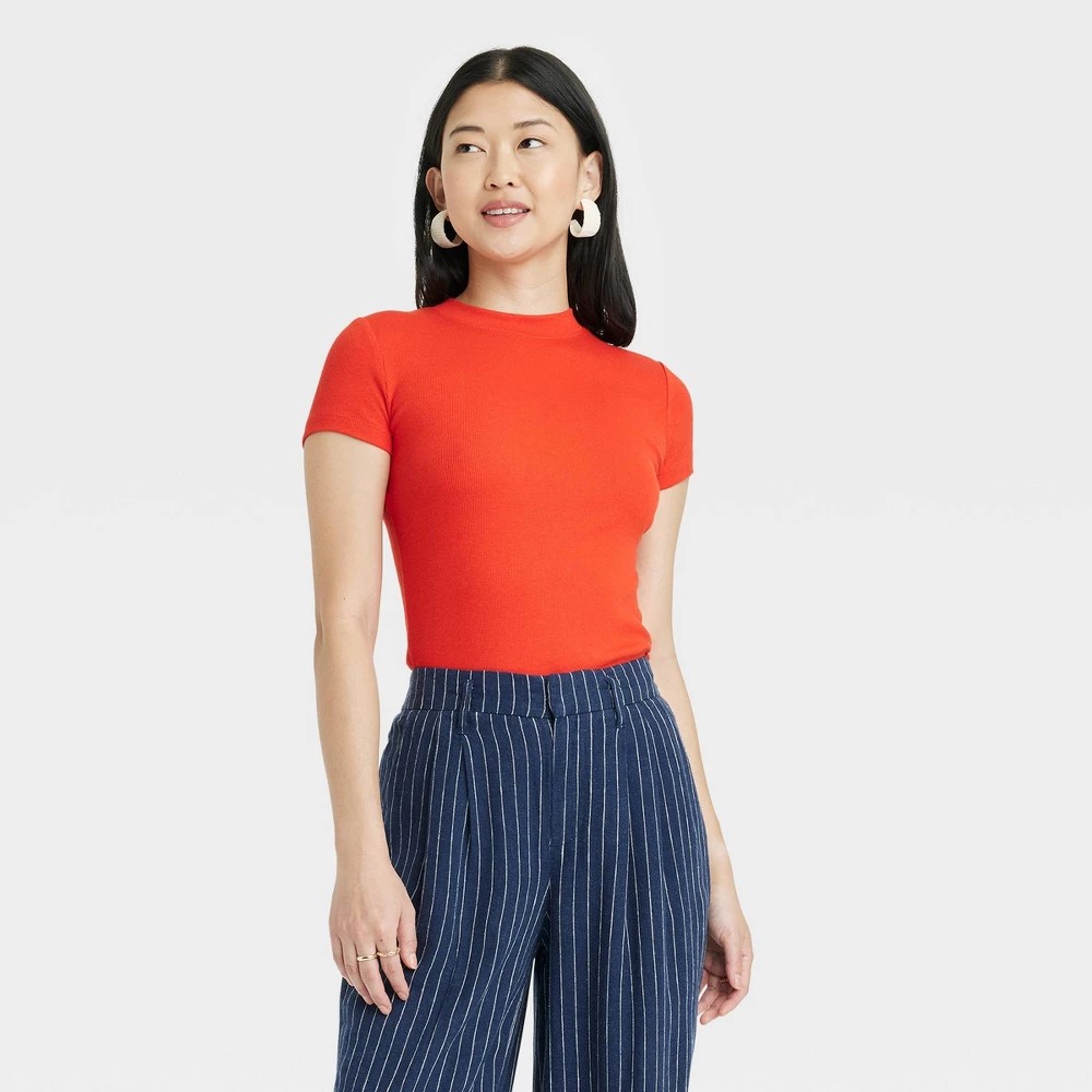 STR | Women's Slim Fit Short Sleeve Ribbed T-Shirt - A New Day™ Red S: Cotton Modal Blend, Crew Neck, Pullover