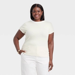 STR | Women's Slim Fit Short Sleeve Ribbed T-Shirt - A New Day™ Cream/White L: Cotton-Modal Blend, Crew Neck, Pullover, Below Waist