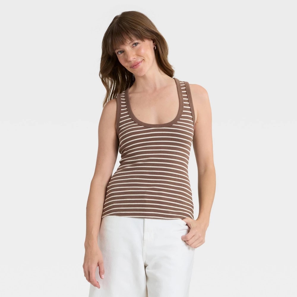 STR | Women's Slim Fit Tank Top - Universal Thread™ Brown Striped XS