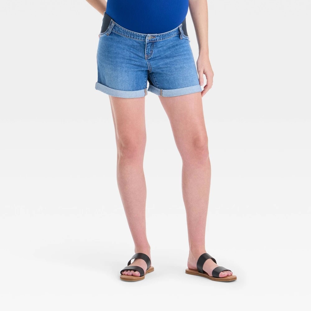 STR | Under Belly Low-Rise Maternity Jean Shorts - Isabel Maternity by Ingrid & Isabel™ Medium Wash 10: Stretch Denim, Front Elastic