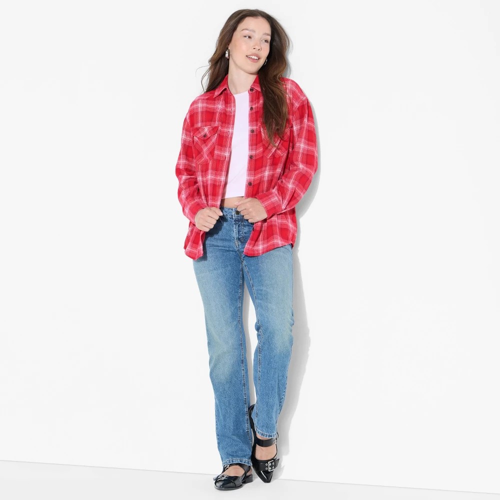 STR | Women's Oversized Long Sleeve Collared Flannel Shirt - Wild Fable™ Burgundy Plaid M