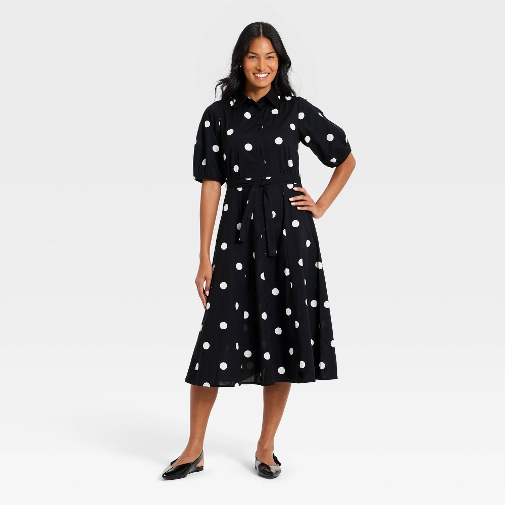 STR | Women's Balloon Short Sleeve Button-Down Midi Shirtdress - A New Day™ Black/Cream Polka Dot S