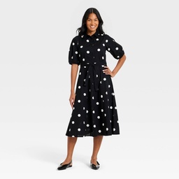 STR | Women's Balloon Short Sleeve Button-Down Midi Shirtdress - A New Day™ Black/Cream Polka Dot S