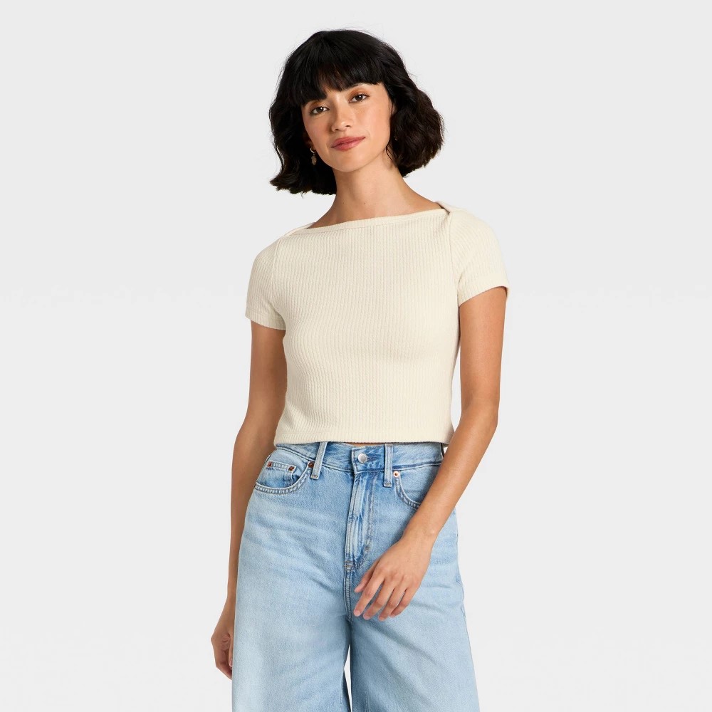 STR | Women's Slim Fit Short Sleeve Boat Neck Ribbed T-Shirt - Universal Thread™ Cream XS