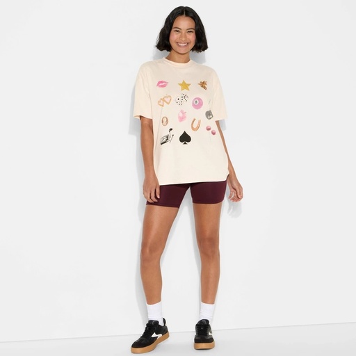 STR | Women's Loose Fit Short Sleeve Crewneck Oversized Graphic T-Shirt - Wild Fable™ Beige Lips S