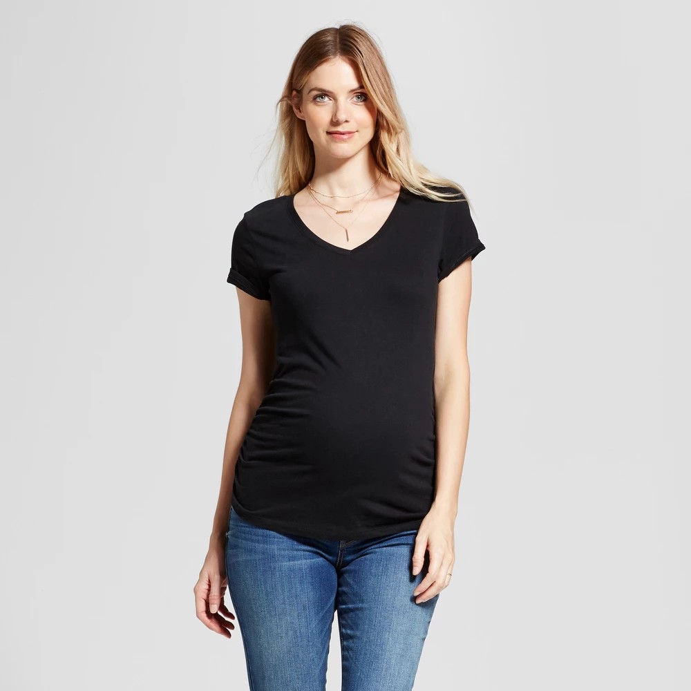 STR | Short Sleeve V-Neck Side Shirred Maternity T-Shirt - Isabel Maternity by Ingrid & Isabel™ Black XS: Knit Pullover