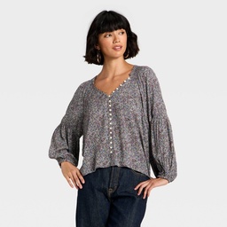 STR | Women's Balloon Long Sleeve Front Button-Down Blouse - Universal Thread™ Navy Blue Abstract XL