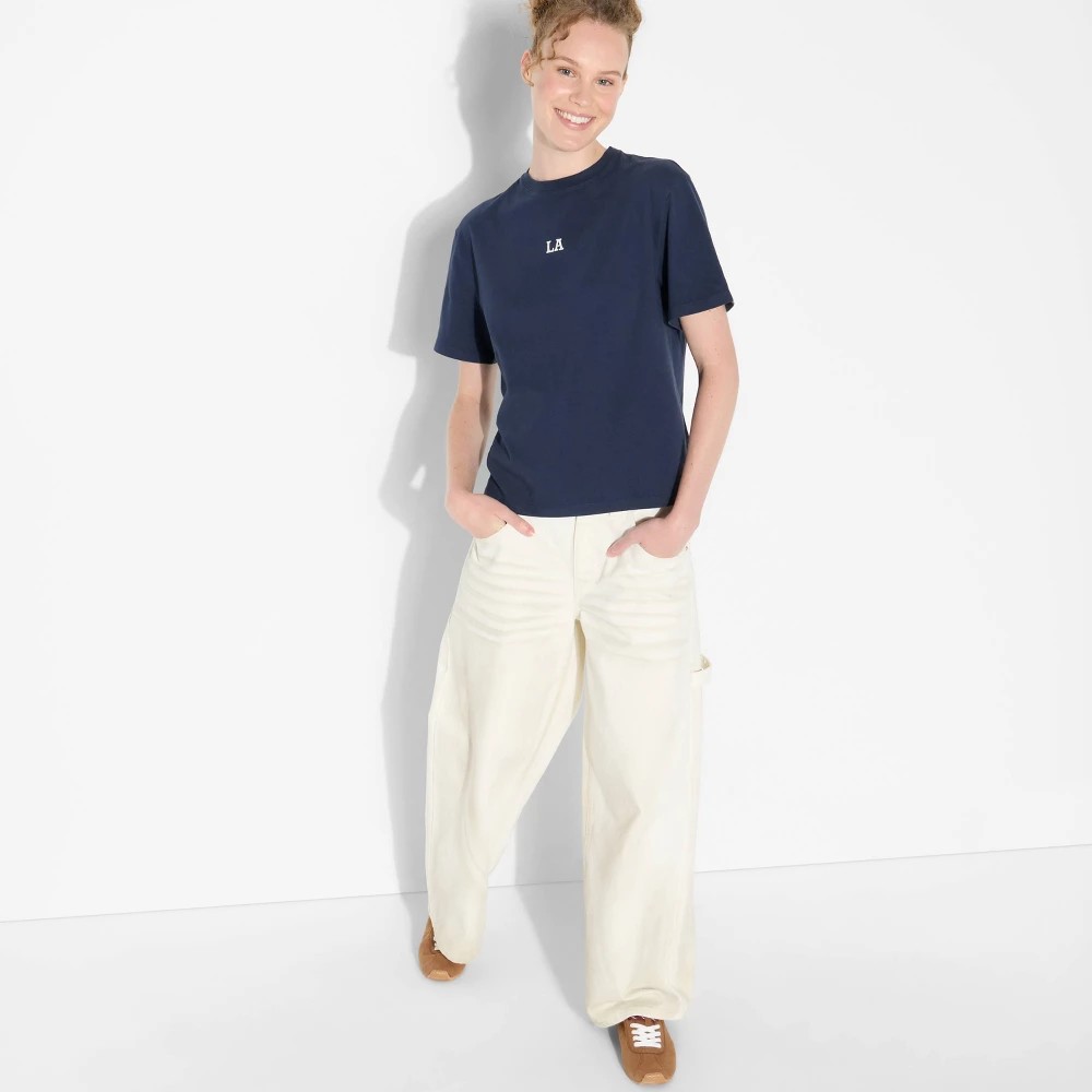 STR | Women's Short Sleeve Crewneck Graphic T-Shirt - Wild Fable™ Navy Blue Letters M