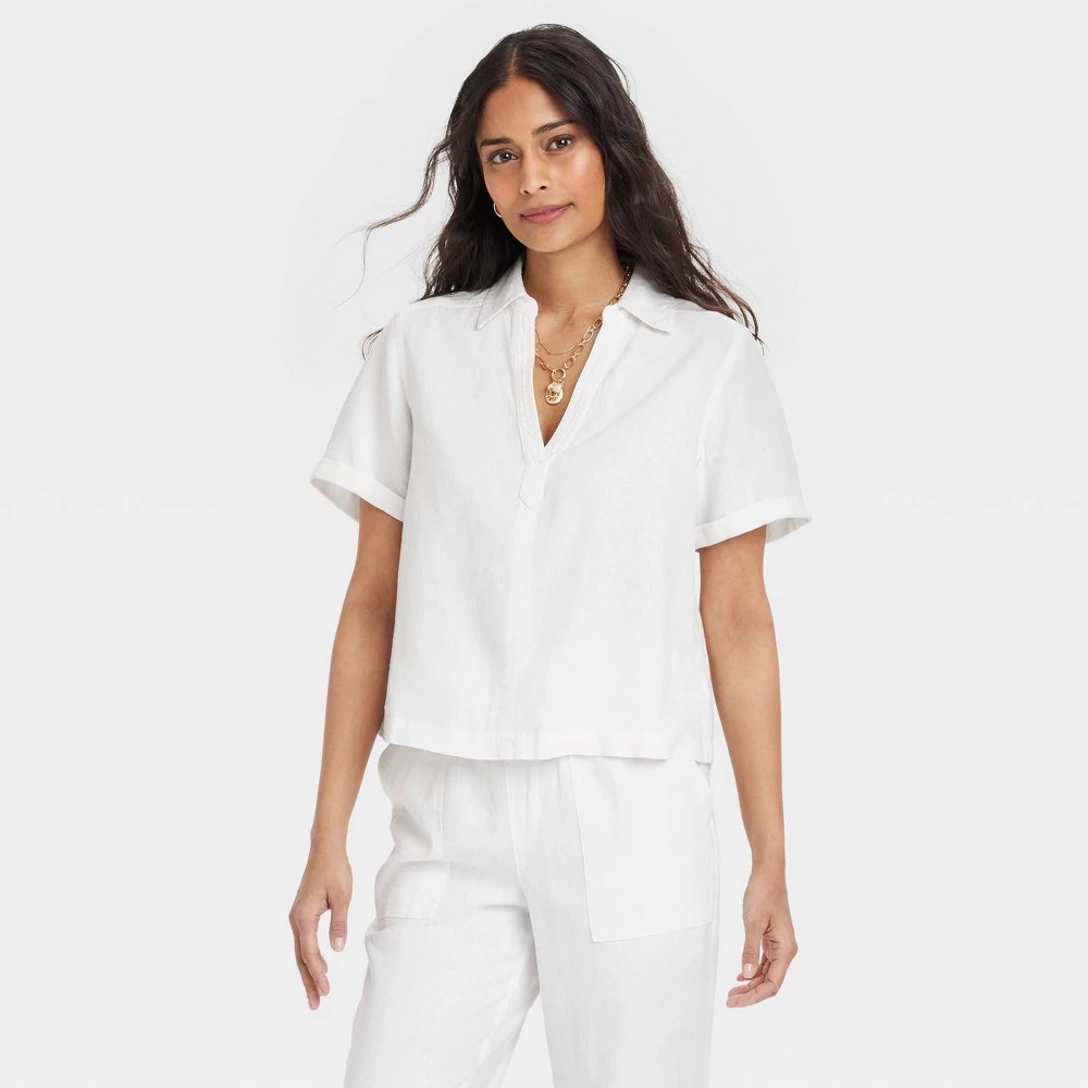STR | Women's Short Sleeve Popover Blouse - Universal Thread™ White M: Linen Rayon Blend, Relaxed Fit, Collared, Machine Washable