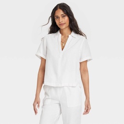 STR | Women's Short Sleeve Popover Blouse - Universal Thread™ White M: Linen Rayon Blend, Relaxed Fit, Collared, Machine Washable