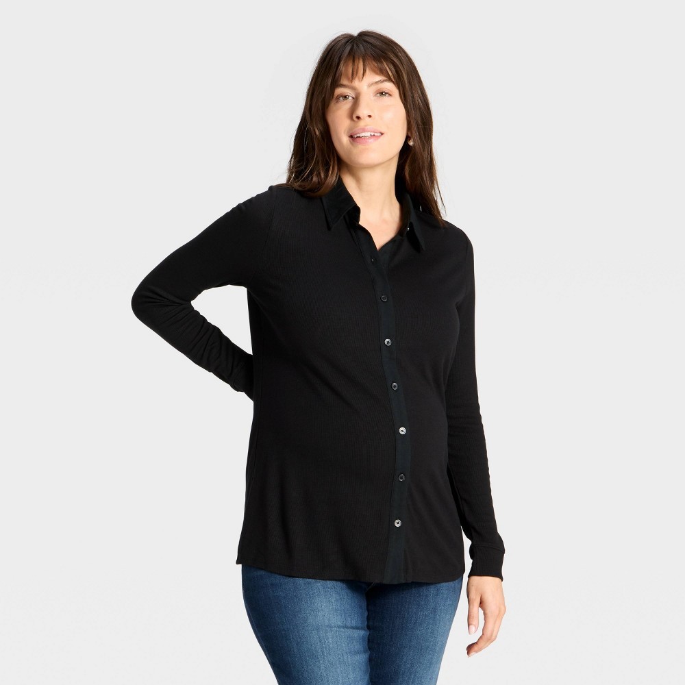 STR | Long Sleeve Collared Neck Ribbed Maternity Button-Down Shirt - Isabel Maternity by Ingrid & Isabel™ Black S