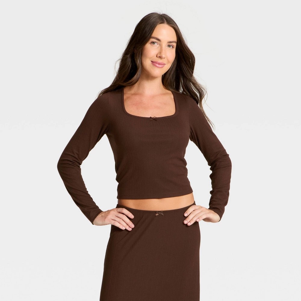 STR | Women's Variegated Ribbed Long Sleeve Pajama Top - Auden™ Brown XXL