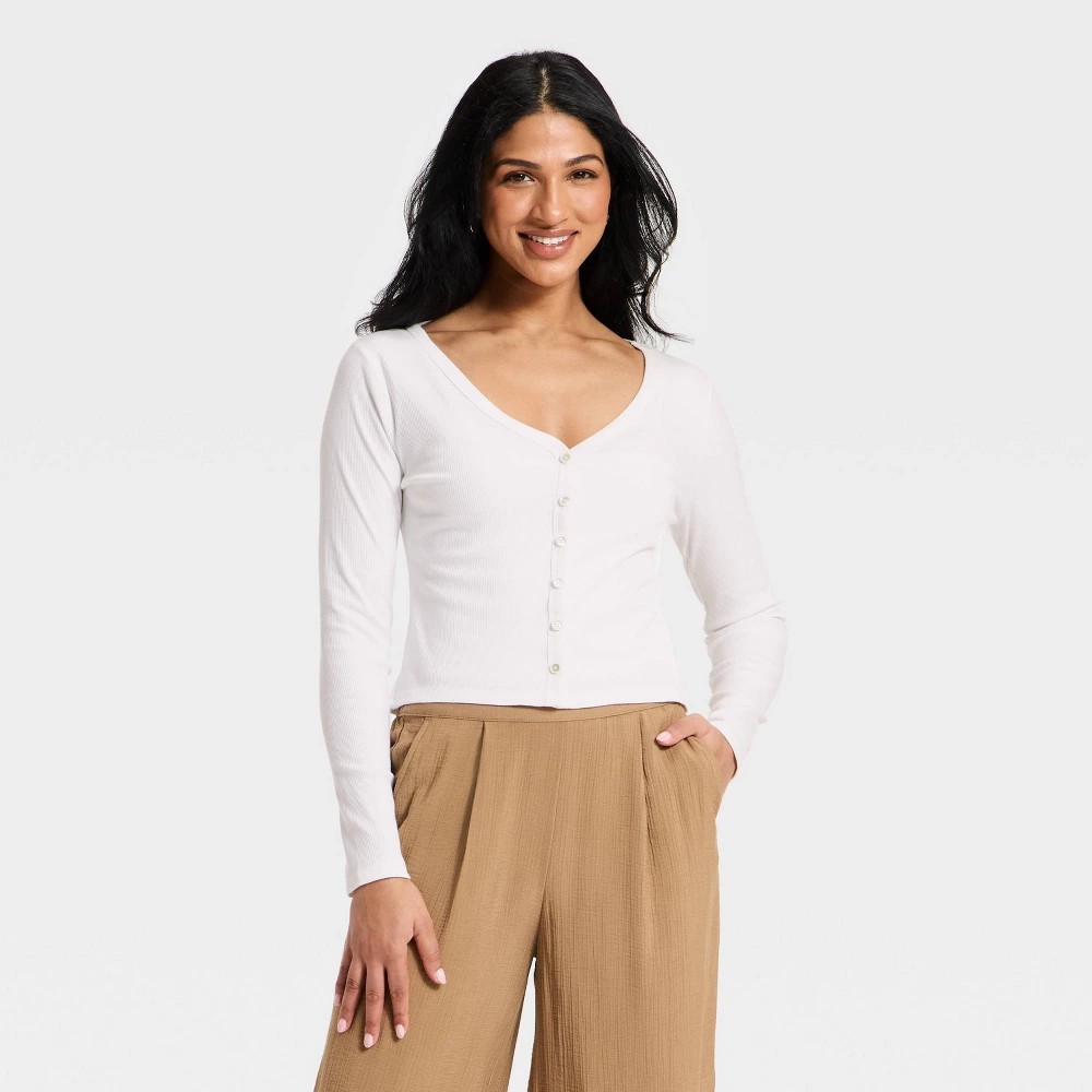 STR | Women's Modern Ribbed Button-Up Knit Cardigan - A New Day™ White L