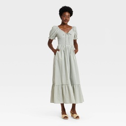 STR | Women's Western Puff Short Sleeve Smocked Midi A-Line Dress - Universal Thread™ Green Gingham S