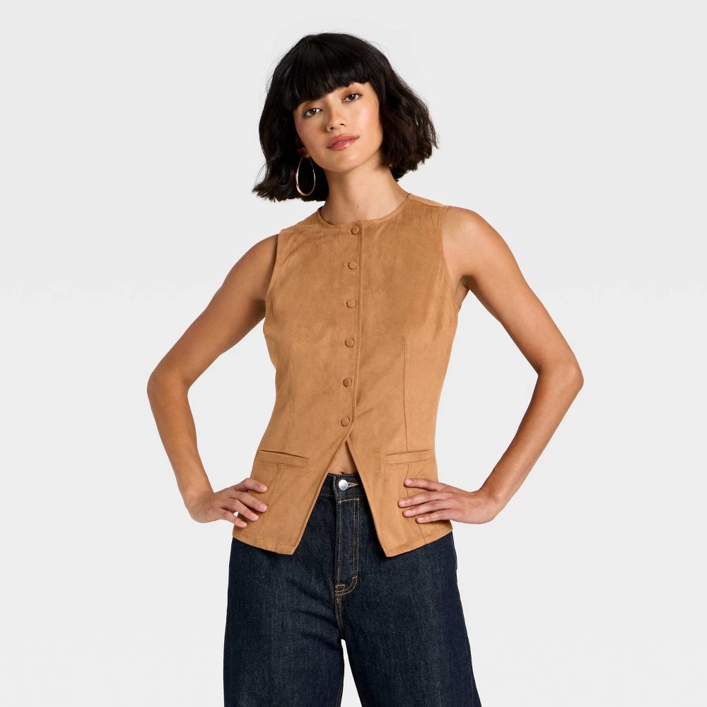 STR | Women's Faux Suede Fashion Vest - Universal Thread™ Brown L