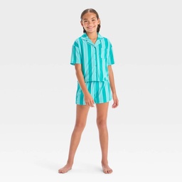 STR | Girls' 2pc Striped Short Sleeve Button-Up Pajama Set - art class™ Blue XL: Recycled Polyester, Notched Collar