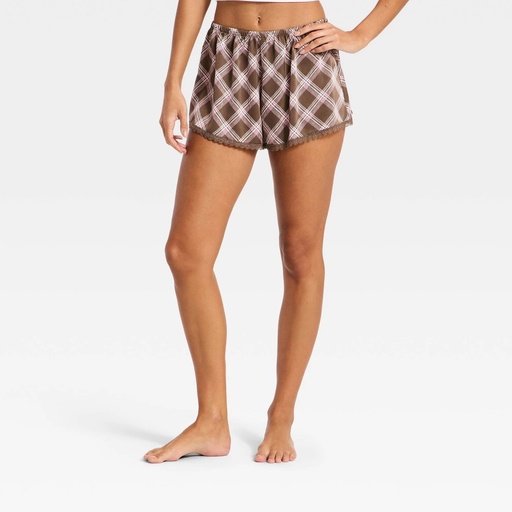 STR | Women's Satin Boxer Pajama Shorts - Wild Fable™ Brown Plaid S