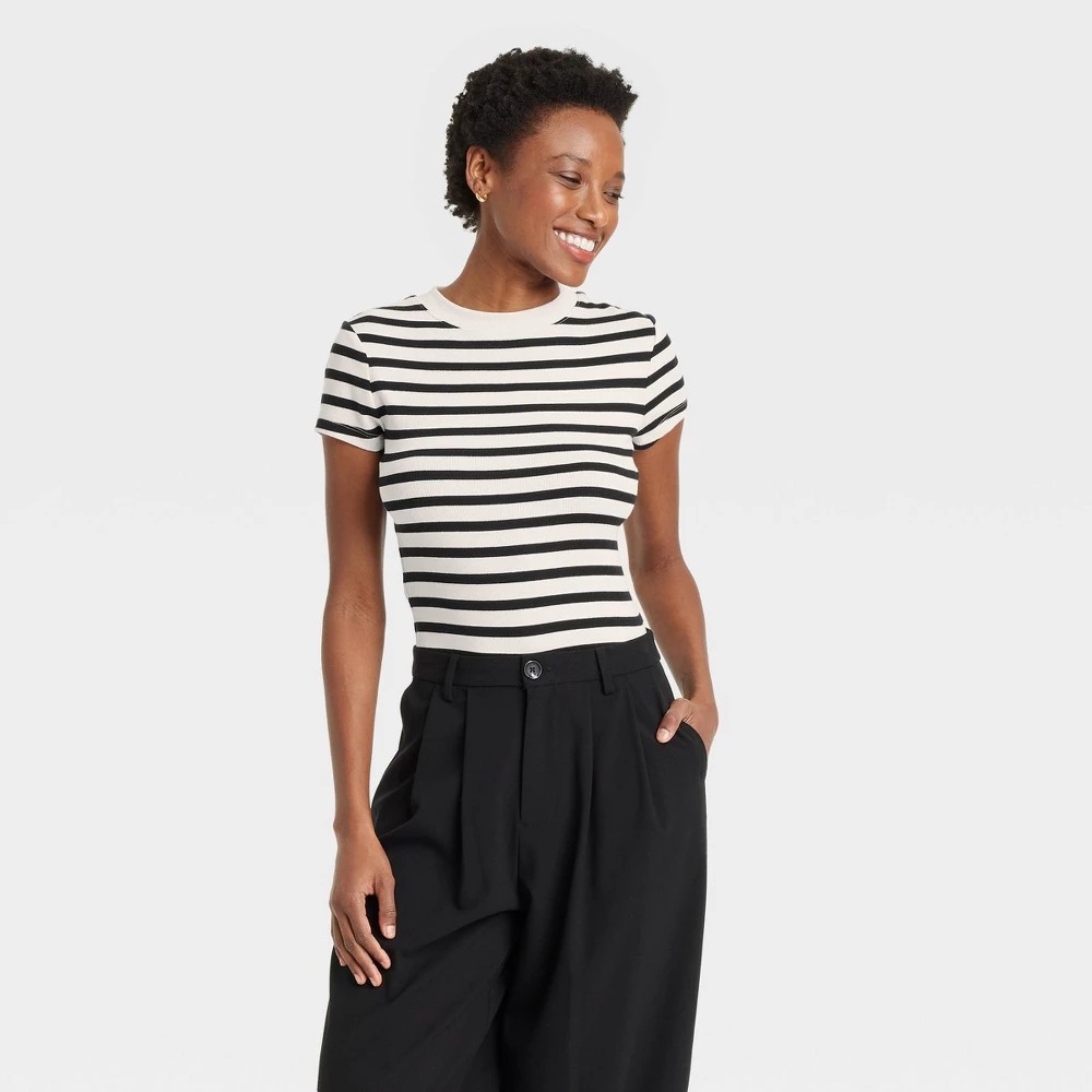 STR | Women's Slim Fit Short Sleeve Ribbed T-Shirt - A New Day™ Cream Striped S: Cotton-Modal Blend, Crew Neck, Pullover, Below Waist