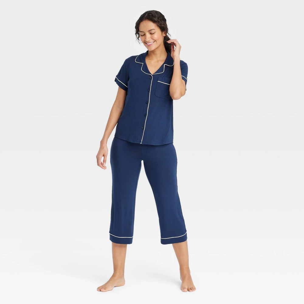 STR | Women's Cloud Knit Short Sleeve Notch Collar Top and Capri Pants Pajama Set - Auden™ Navy Blue M: Modal Spandex Blend, Front Button Down