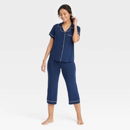 STR | Women's Cloud Knit Short Sleeve Notch Collar Top and Capri Pants Pajama Set - Auden™ Navy Blue M: Modal Spandex Blend, Front Button Down