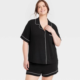 STR | Women's Cloud Knit Modal Short Sleeve Notch Collar Top and Shorts Pajama Set - Auden™ Black 4X: Modal Spandex Blend